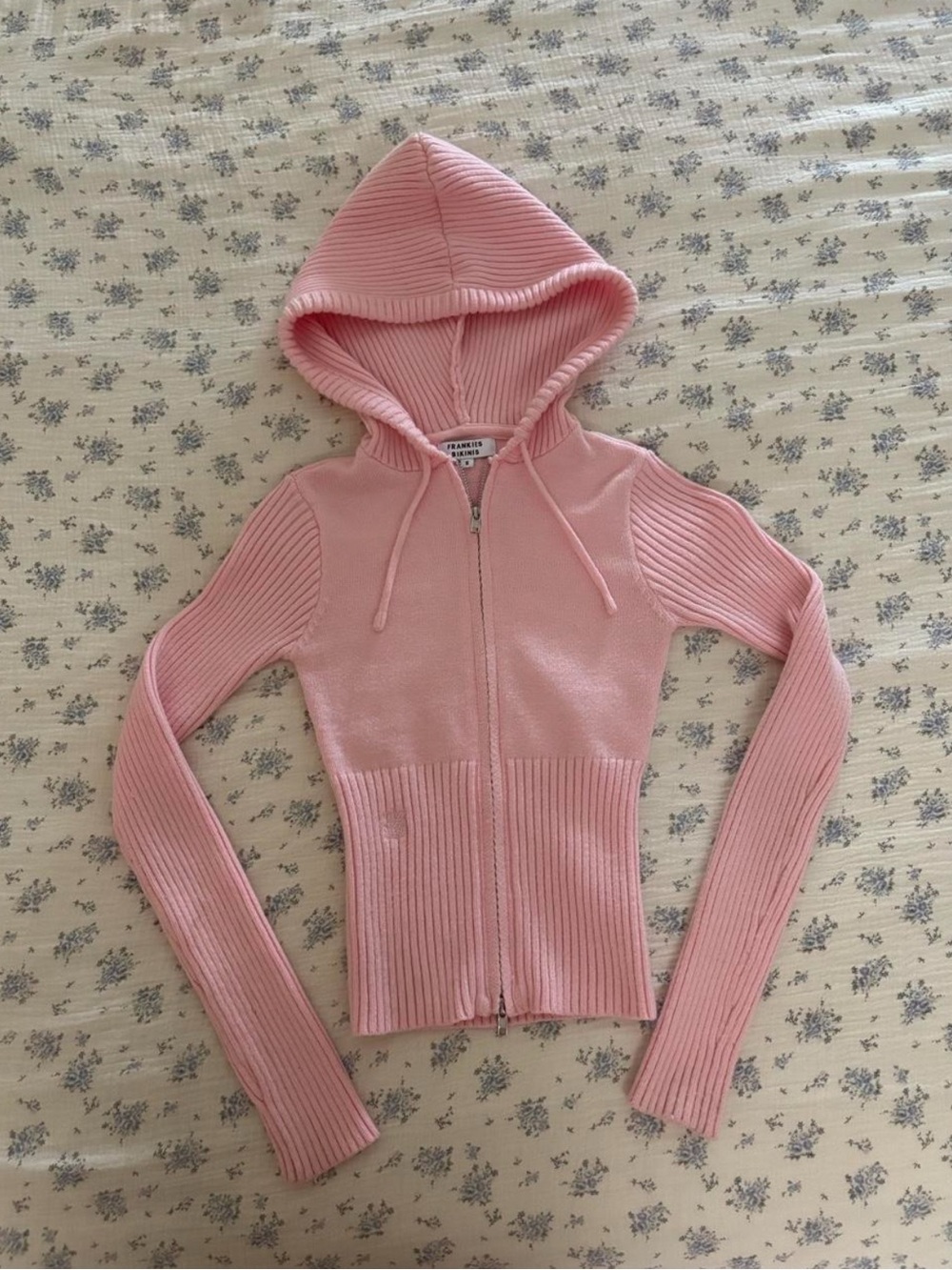 Frankie's Bikinis Pink Hooded Zip Ribbed Sweater